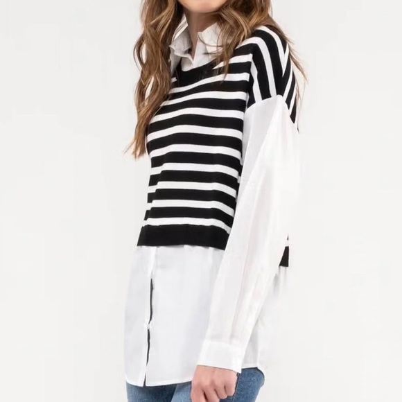 Blu Pepper Black and White Striped Sweater Vest Faux Collared Blouse NWT Size M - Picture 6 of 7